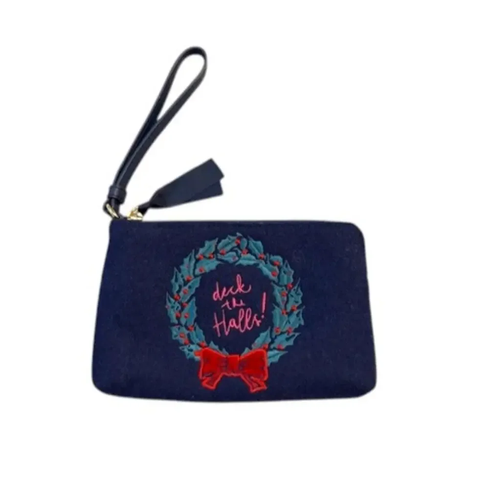 Talbots Navy Wool Wristlet Pouch Deck the Halls Holiday Wristlet Bag Zip EUC